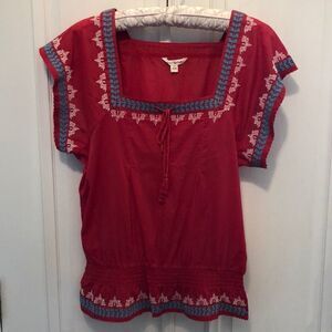 COPY - American Eagle Red Spanish-Style Short Sleeved Embroidered Blouse, Women…